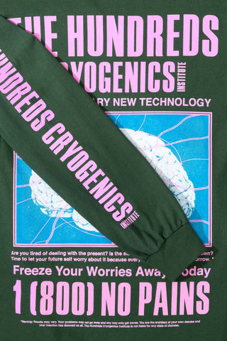 Cryogenics-Long-Sleeve-T-Shirt-Forest-Green-Detail-Left-Sleeve-Front